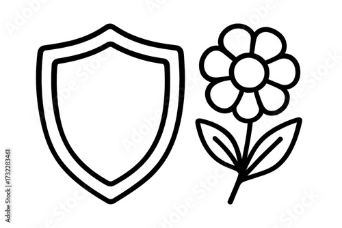 Shield and flower line icon. Metaphor for nature protection, environmental safety, and natural defense. Simple vector illustration for logo, app, or eco brand concept.