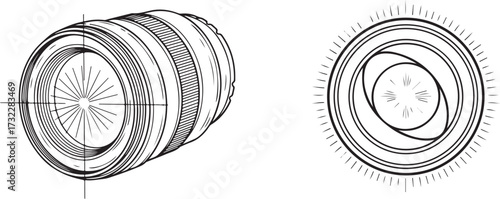 Precision Line Art Illustration of a Camera Lens with Adjustable Iris Aperture and Optical Details