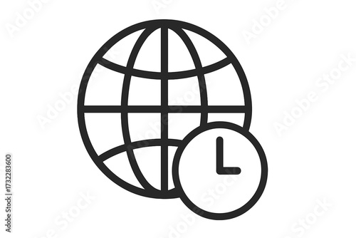 World time zone icon. Global business concept. International clock symbol. 24 hours service. Worldwide delivery. Earth globe and time vector line art illustration. Simple outline for web.