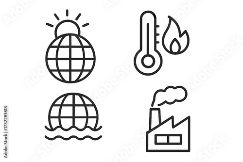 Global warming & climate change icon set. Thin line vector icons of planet earth, high temperature, factory pollution & sea level rise. Ecology & environment concept illustration.