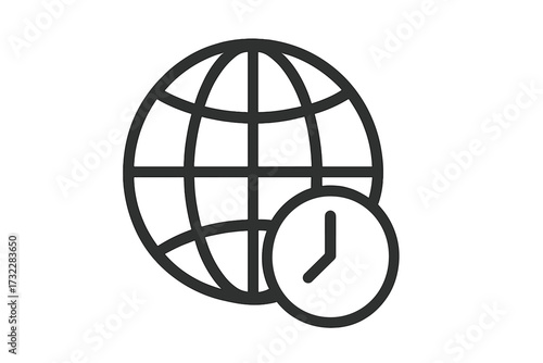 Globe and clock line icon. World time, time zone, global business concept. International deadline, 24/7 service symbol. Earth and watch vector for web, apps, and ads.
