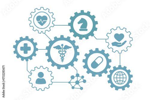 Healthcare mechanism concept. Abstract background with connected gears and icons. Medical health strategy, care, medicine, and global network. Vector infographic for technology.