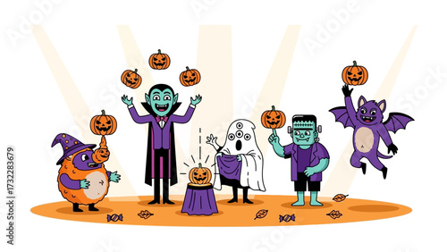 Halloween Gathering: An array of whimsical characters come together under the glow of spotlight for a spirited celebration of Halloween, each embodying the playful essence of the holiday.