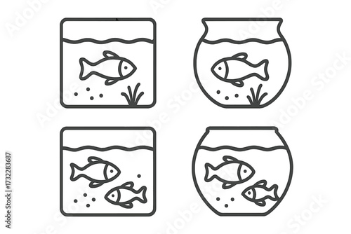 Fish in aquarium and fishbowl line icon set. Simple pet shop pictogram collection. Minimalist water animal vector illustration for web design, apps, and infographics.