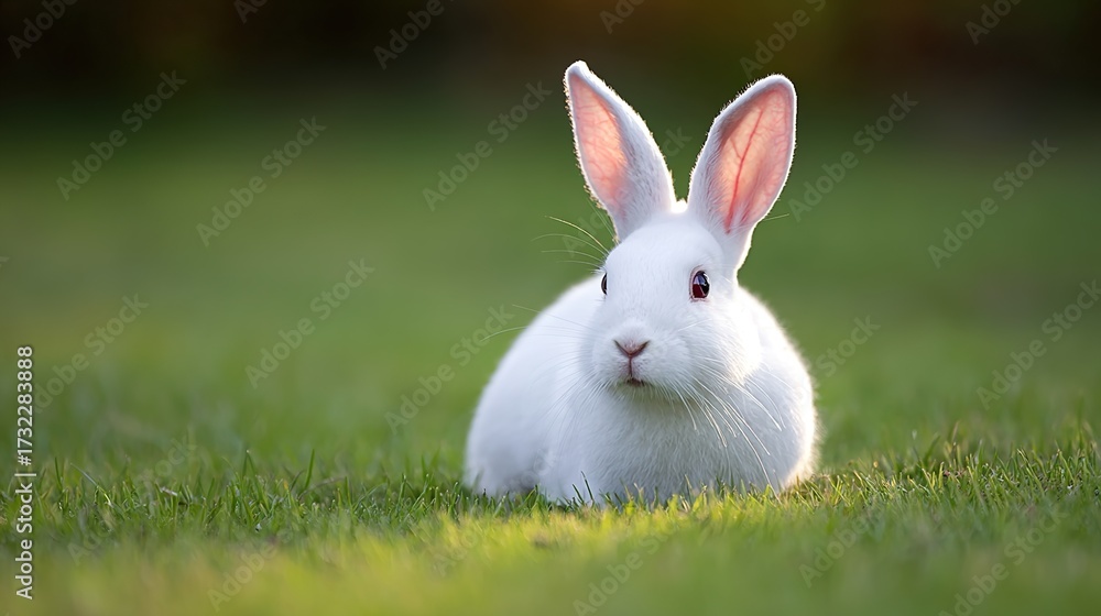 Obraz premium rabbit. A fluffy white rabbit rests on a spring meadow, surrounded by blurred green grass and soft natural light. wildlife magazines.