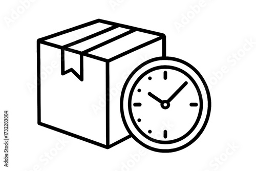 Fast delivery time concept. Express shipping service icon. Package, box and clock symbol. Logistics management and on-time delivery metaphor. Vector line illustration.