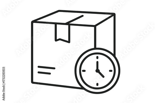 Shipping time icon. Fast delivery service. Express logistics and distribution concept. Package with clock. Order tracking, timely delivery schedule. E-commerce business vector.