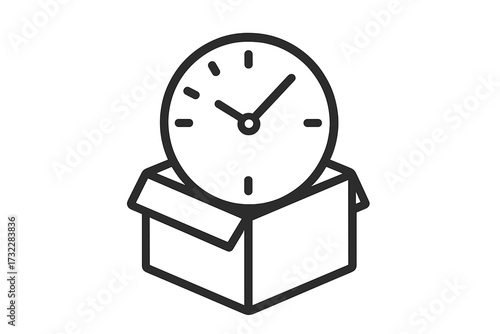 Time management concept icon. Clock in a box metaphor for delivery time, deadline and efficiency. Unboxing a package with a watch. Product launch and project timeline vector.