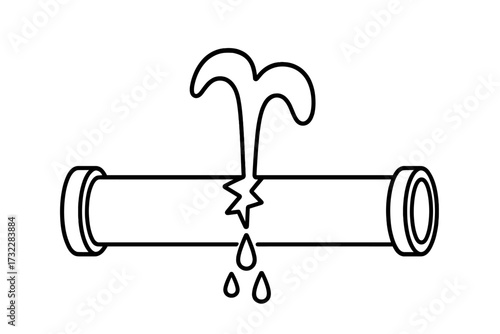 Broken pipe water leak line icon. Plumbing problem, burst pipeline, water damage concept. Emergency leakage, dripping drops. Vector for plumbing service, repair, apps.