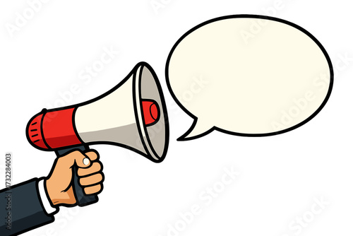 Male hand holding megaphone with speech bubble. Loudspeaker for business, marketing, advertising. Vector illustration banner for promotion, communication, upcoming events, news.