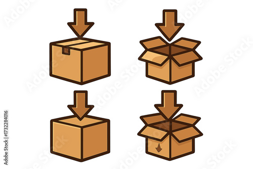Vector icon set of cardboard boxes for shipping and delivery. Includes open and closed package symbols with arrows for packing, unpacking, download, and logistics concepts.