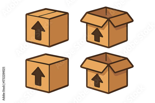 Set of cardboard boxes icon. Open and closed delivery package. Vector illustration. Shipping, moving, and storage concept. Logistics symbol. Cargo parcel for ecommerce.