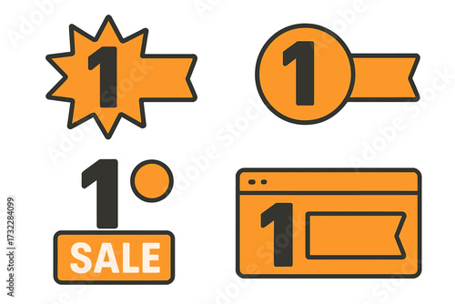 One day left sale countdown timer banner. Number 1 promo discount badge collection. First place award sticker. Final offer web element icon set for landing page vector.
