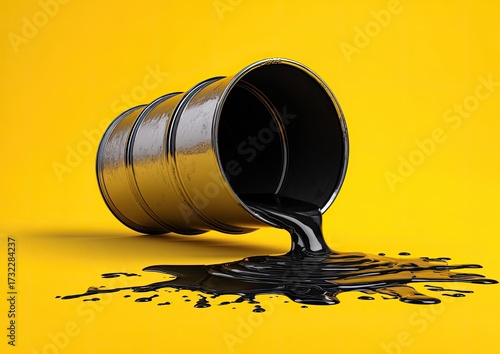 Oil barrel spills black liquid onto a yellow background