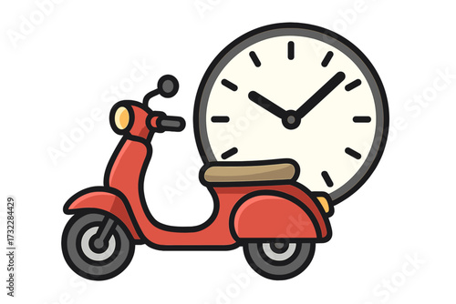 Red scooter with large clock icon, express delivery service concept, fast shipping, transportation logistics, time efficiency, vector cartoon illustration, isolated transparent background