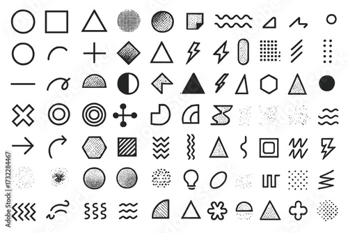 Geometric shapes set Memphis design retro elements for web vintage commercial banner poster leaflet sale trendy abstract icons line outline silhouette vector symbols collection