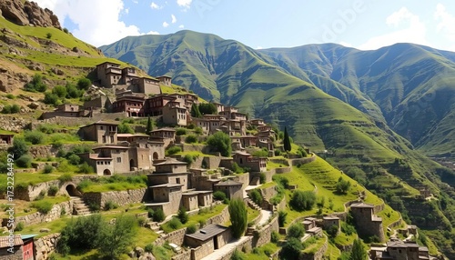 Stone houses cascade down a lush green mountainside in Masuleh, Iran,  Iran,  roofs