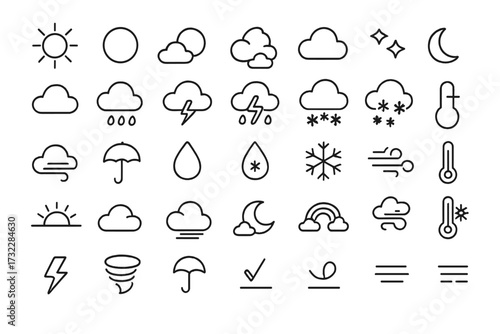 Weather icons pack outline style set. Sun, moon, cloud, snowflake, rain, wind, tornado, umbrella, rainbow, temperature, line symbols for forecast app and web design. Vector illustration collection.
