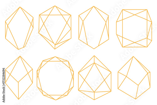 Modern abstract geometric polyhedron frames set, gold line polygonal crystal shapes, luxury wedding invitation design templates, decorative vector pattern elements for elegant branding and decor