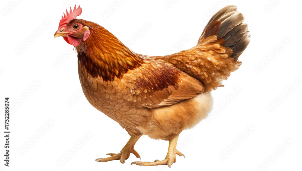 Fototapeta premium A vibrant. healthy brown hen standing proudly against a clean white background. its glossy feathers and natural posture. perfect for agricultural or farm-related themes