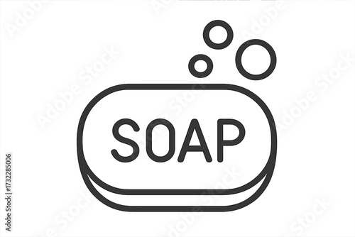 Minimalistic linear soap bar icon with bubbles, outline pictogram for web, graphic design, hygiene, cleaning products, skincare, handwashing, banners, apps, cards, vector illustration