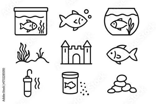 Linear fish tank aquarium icon set. Minimal aquatic pet care symbols. Fishbowl, heater, filter, pebbles, seaweed, castle decoration, fish food, goldfish, aquatic plant. Modern vector illustration.