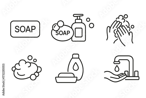 Soap hygiene icon set minimalistic line style, cartoon vector illustration, hand washing, foam bubbles, liquid soap dispenser, bar soap, clean hands, water tap, pictogram bundle for web apps banners