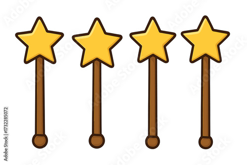 Magic star wand set isolated. Yellow cartoon star wands for web sites, children’s books, greeting cards, apps. Fantasy wizard, fairy, magic, spell, party decoration vector. Transparent background.