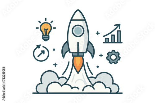 Startup business launch concept rocket ship takeoff, innovation strategy, successful startup project growth, technology boost, idea development, creative vector illustration, business success