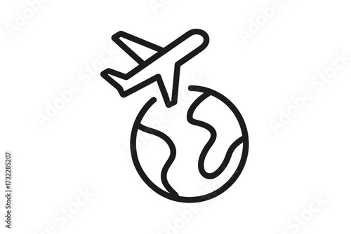 Airplane Flying Around Globe Minimalist Outline Icon. Global Travel Symbol. International Flight Concept. Airline Tourism Logo. Earth Planet Journey. Vector Illustration for Web, App, Banner, Card.