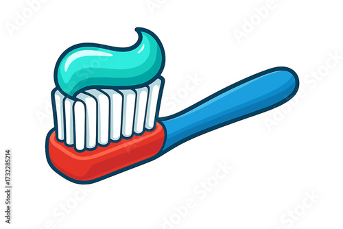Cartoon toothbrush with turquoise toothpaste, isolated vector illustration for dental hygiene, oral care, health concept, clean teeth, brushing, morning routine, transparent background