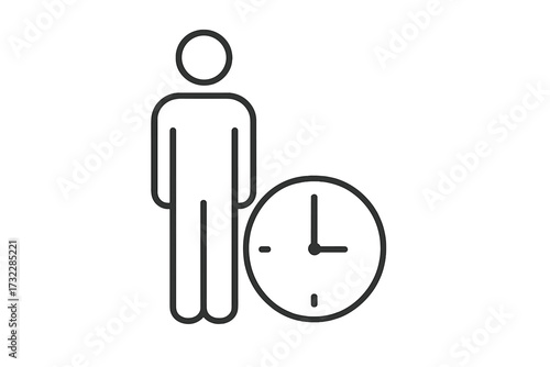 Linear icon of person standing by analog clock, time management, punctuality, work schedule concept, outline business illustration, productivity, user planning symbol, modern vector isolated
