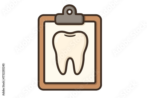 Dental chart document with isolated cartoon tooth illustration on clipboard for medical records, patient forms, dentist appointment, oral health care, checklist, app, book, web and card design