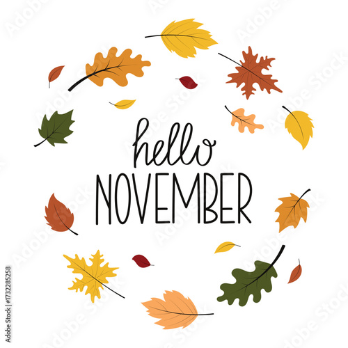 Hello November lettering. Autumn foliage background. Vector illustration for design, card, sale, background.
