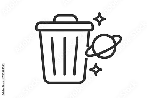 Minimalistic linear trash can icon with orbiting planet, cosmic stars, outer space concept, cartoon vector illustration for web design, apps, banners, social media, cards, digital resources