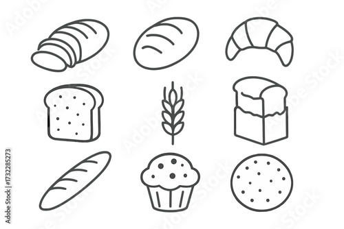 Bread and bakery products thin line icon collection. Editable stroke food vector illustration. Perfect for websites, books, cards, apps. Wheat, loaf, croissant, baguette, muffin, cookie, toast slice.