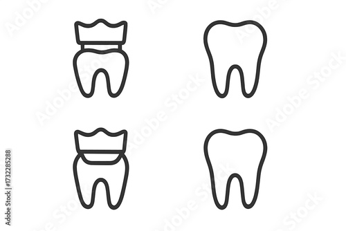 Minimalistic thin outline vector tooth and dental crown icons for web, graphic design, apps, banners, social media, cards. Cartoon wisdom tooth illustration set isolated, transparent background.
