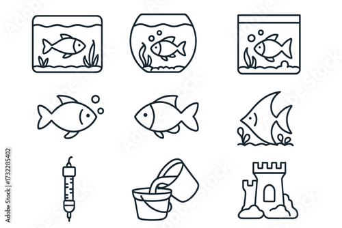 Minimalistic linear pictogram of aquarium fish and tools, cartoon line icons for web, banner, app, social network, water test, fish tank maintenance, bucket, castle decoration, vector set