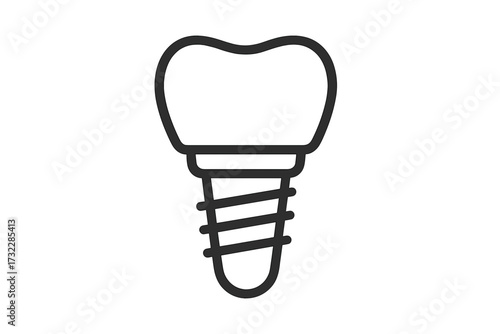 Dental implant icon. Tooth implant symbol. Oral surgery. Stomatology. Dental care. Prosthetic tooth. Implantation process. Treatment planning. Medical equipment. Vector outline isolated illustration.