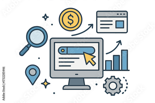 PPC advertising campaign concept for search engine marketing. Vector illustration with flat icons for SEM, keyword research, SEO analytics, local search, and business growth.