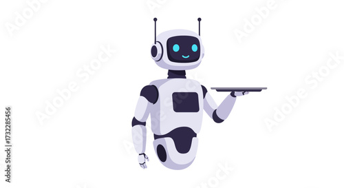 Friendly White Robot Holding a Serving Tray with a Smiling Face.