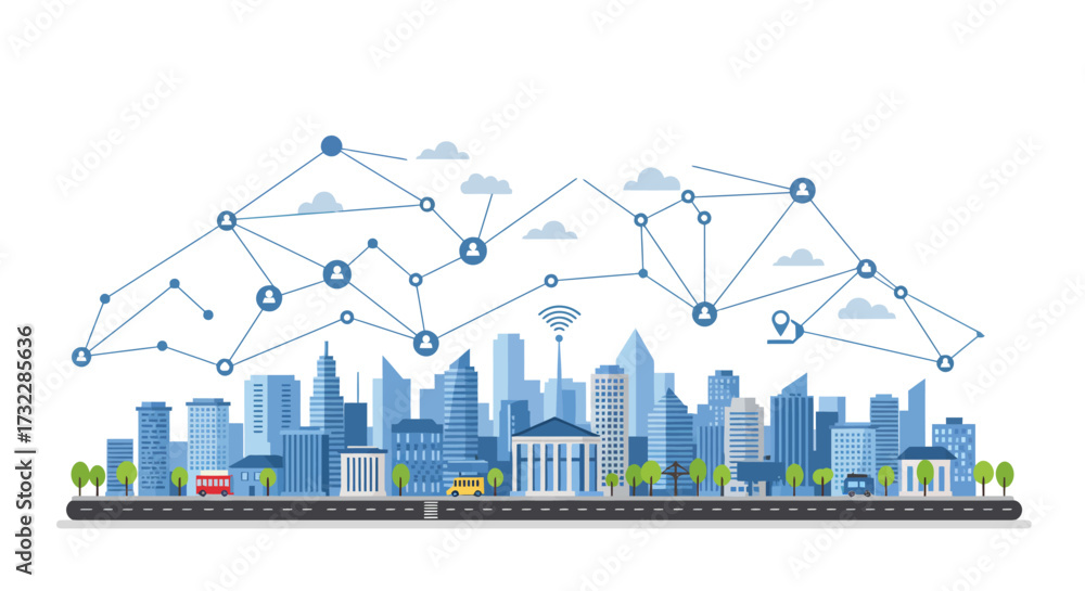 Obraz premium Connected Cityscape: Networked Urban Environment with Buildings and Transportation.