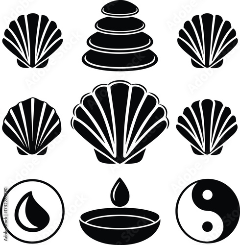 spa, zen, wellness, balance, icon, set, glyph, relaxation, harmony, meditation, yoga, spiritual, therapy, treatment, massage, salon, resort, asian