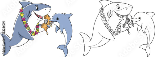 Cheerful Cartoon Shark and Dolphin Playing Ukulele Together