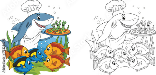  Chef Shark Serving Pizza to Fish Underwater