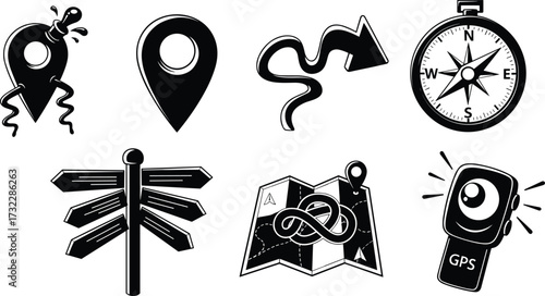 Navigation location icons set, map pin, route path, compass direction, signpost arrows, GPS map, travel, journey, exploration symbols
