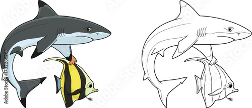Cute Cartoon Shark Holding Tropical Fish with Matching Black and White Coloring Page for Kids
