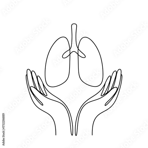 Hands Supporting Lungs in Minimal Line Art