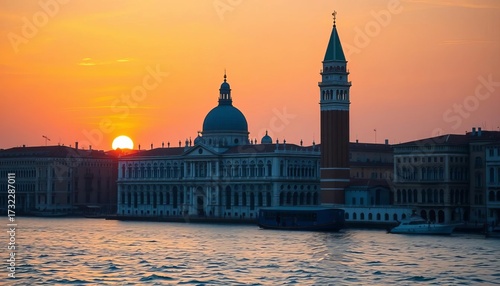Sunrise illuminates St Mark's Basilica and Campanile, Venice,  photograph,  heritage