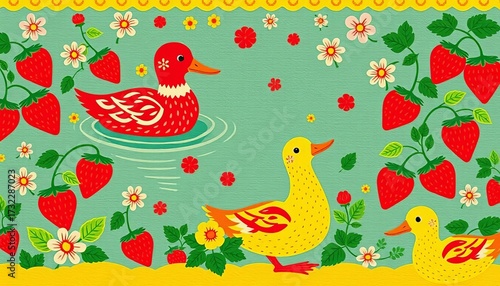 Vibrant vintage folk art duck and strawberry patch pattern, fabric, graphics